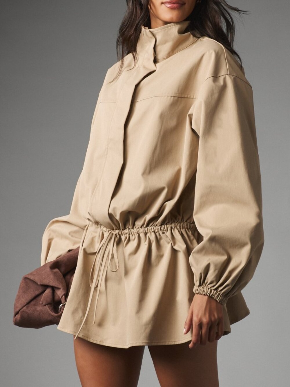Camel Casual Women's Long Sleeve Puff Sleeve Mini Dress With High Neck